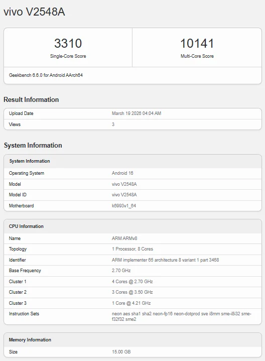 Vivo X300s spotted on Geekbench with Dimensity 9500 SoC ahead of launch 2 Geekbench performance of the Vivo X300s