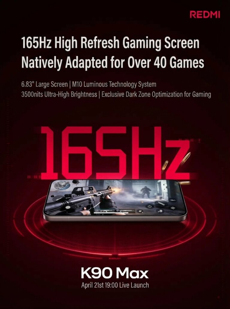 Especificaciones de la pantalla del REDMI K90 Max: Panel LTPS 1,5K de 6,83 pulgadas compatible con 165 Hz