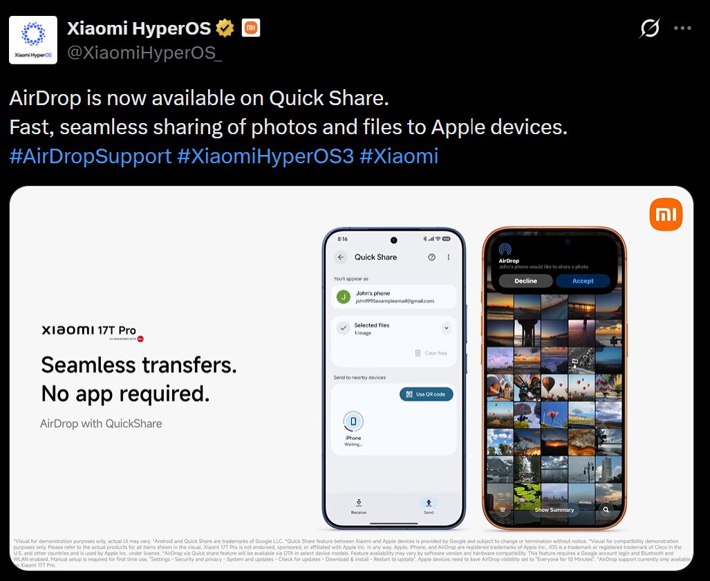 Xiaomi Adds AirDrop Support to Quick Share, Starting with Xiaomi 17T Pro 2 AirDrop on Xiaomi HyperOS 3