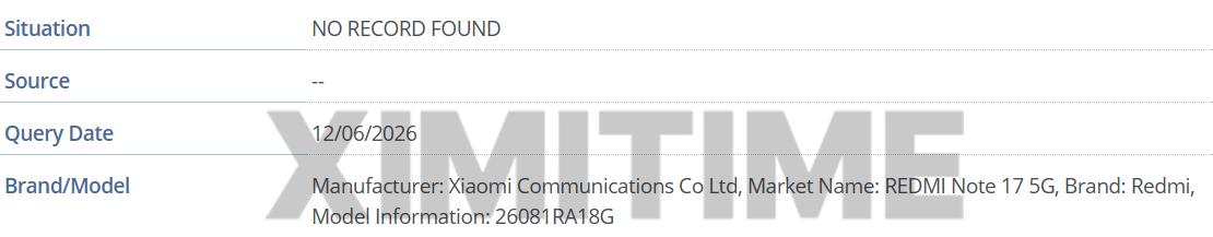 REDMI Note 17 5G appears in GSMA database with POCO variant 2 REDMI Note 17 5G IMEI Record
