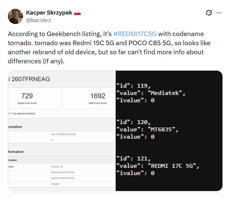 REDMI 17C 5G Geekbench Leak Reveals New REDMI 15C 5G Rebrand 3 redmi 17c 5g geekbench leak reveals poco c85 rebrand with android 16 1