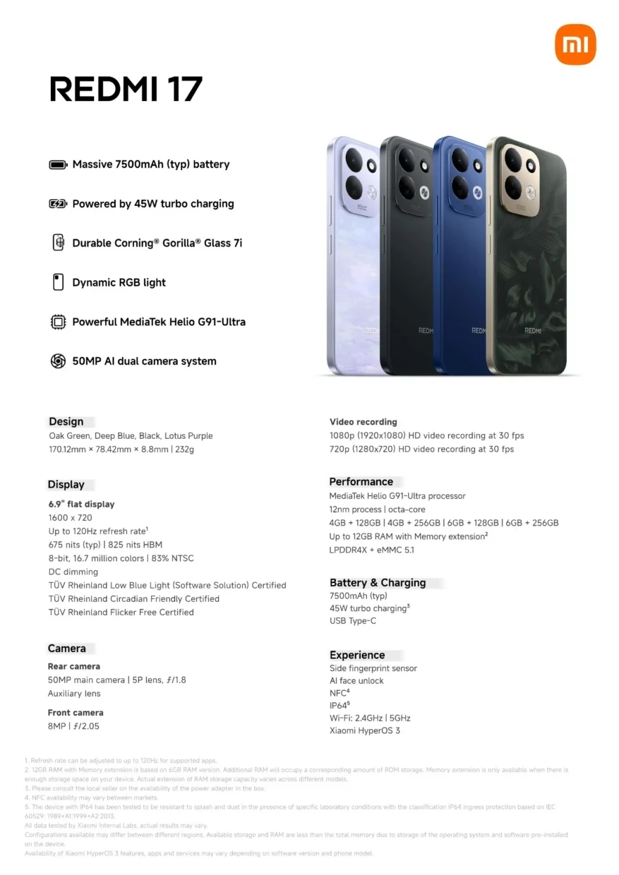 Xiaomi REDMI 17 4G Certified with MediaTek Helio G91-Ultra and Gorilla Glass 7