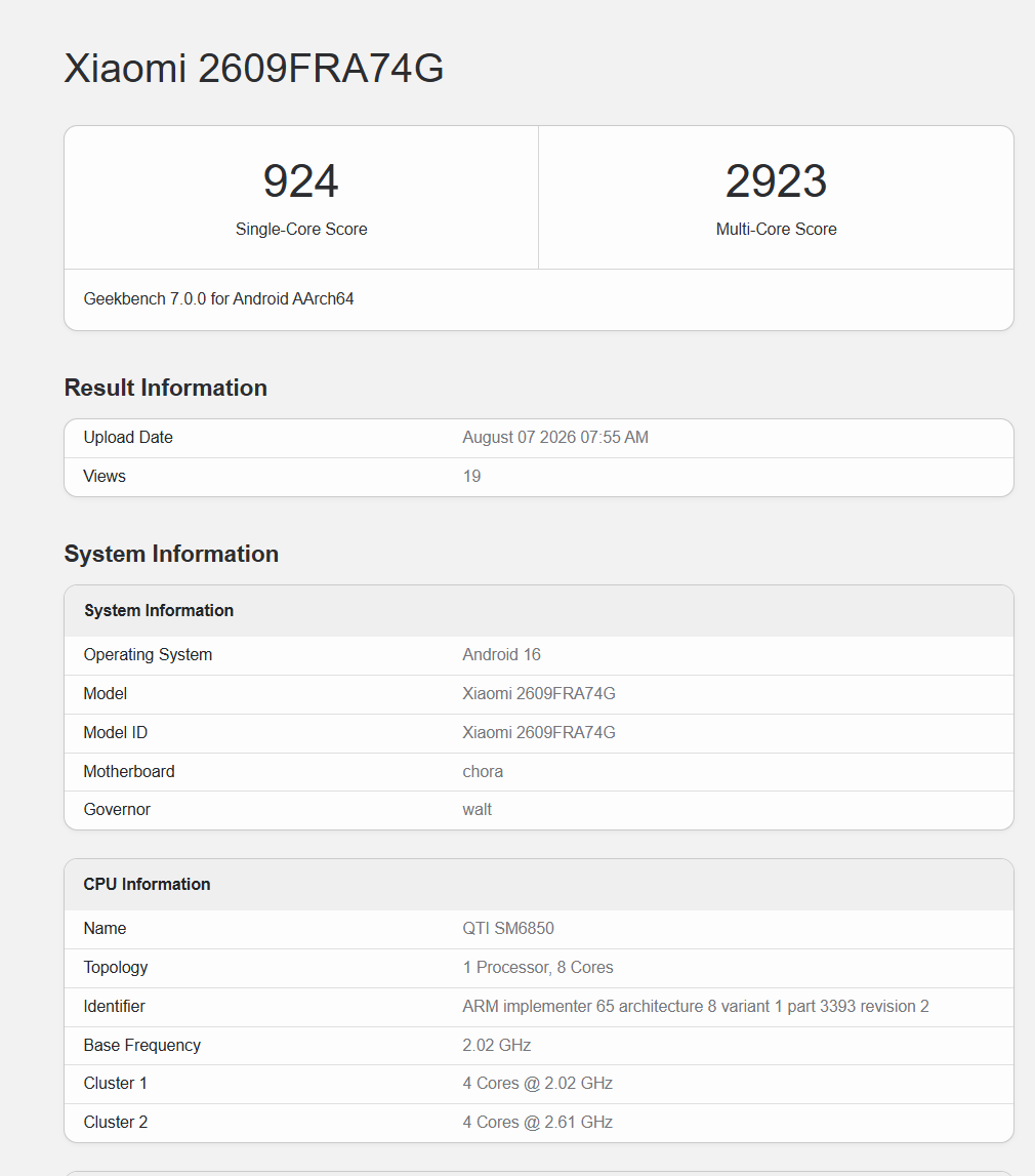 Global REDMI Note 17 Pro Max with Snapdragon 6 Gen 5 Hits Geekbench 2 2609FRA74G