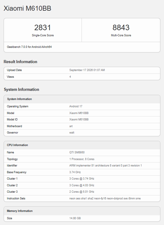 Xiaomi 18 Pro family spotted in Geekbench benchmark results 2 Xiaomi M610BB Spotted with Snapdragon 8 Elite Gen 6, Likely Xiaomi 18 Pro Model