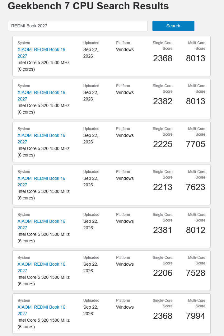 New REDMI Book 16 2027 Benchmark Reveals Intel Core i5-320 and Fast DDR5 Memory 2 New REDMI Book 16 2027 Benchmark Reveals Intel Core i5-320 and Fast DDR5 Memory